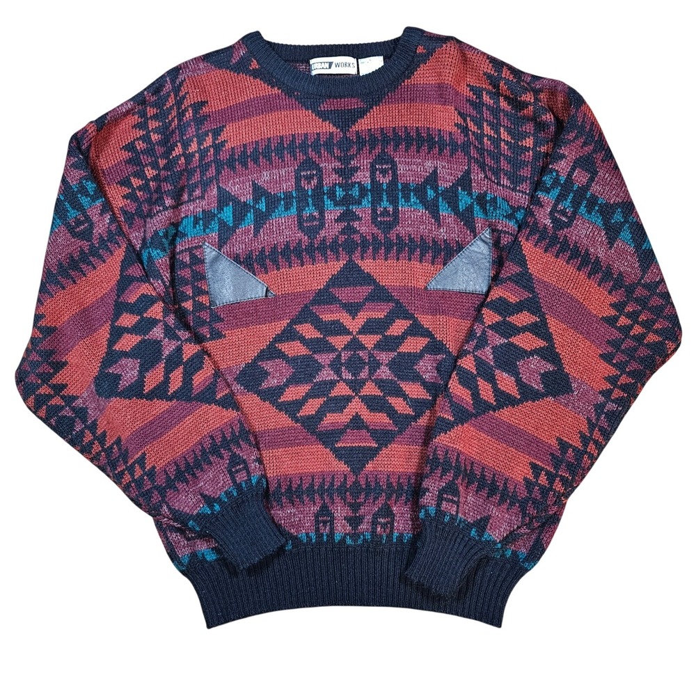Vintage‎ 80s 90s Men Southwestern Geo Knit Sweater Leather Red Large Grandpacore